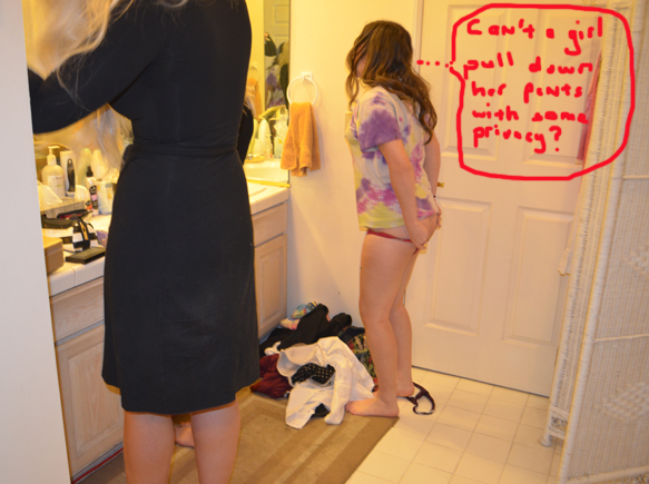 Modest Marie decides to change in the bathroom because the dressing room is overflowing with hot models